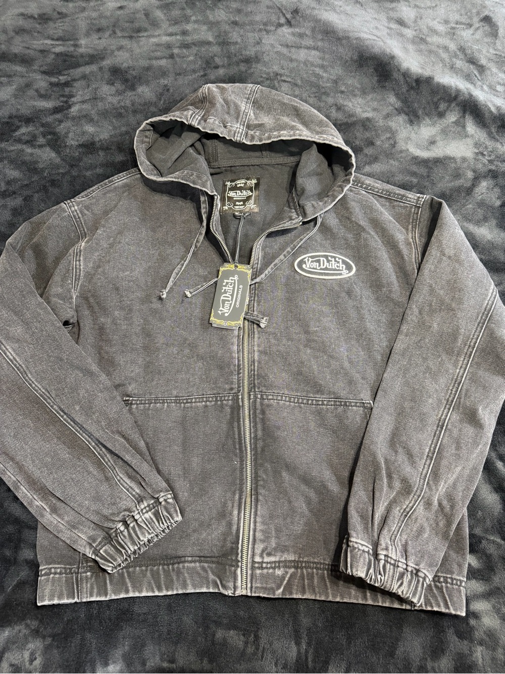 Von Dutch Men's Black Denim Washed Zip-Up Hooded Jacket L/G